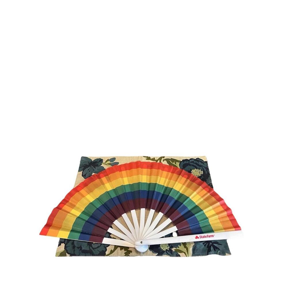 Rainbow Pride Hand Fan Folding Plastic Frame - State Farm Branded